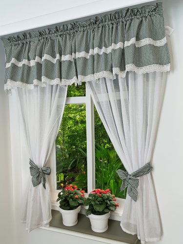 Zestaw zasłon + lambrekin zielona kratka koronka