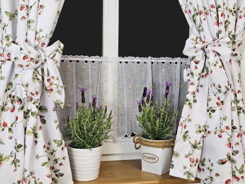 ZESTAW ZASŁON+ZAZDROSTKA PLAMOODPORNY POZIOMKI